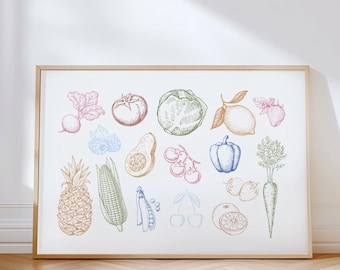 果物と野菜のアートプリント、カラフルなキッチンウォールアート、植物のイラスト、農家風キッチンの装飾、デジタルダウンロード