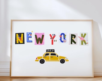 NYC Yellow Cab Art Print, Modern Travel Poster, Digital Download