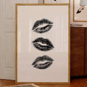 Lip Print Wall Art, Black Lipstick Kiss Poster, Glam Fashion Decor, Pop Art Bathroom Print, Digital Download