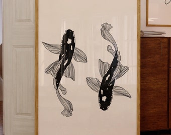 Black Koi Fish Japanese Art Print, Traditional Asian Wall Art, Zen Decor, Fish Illustration, Minimalist Art, Vintage Print, Digital Download