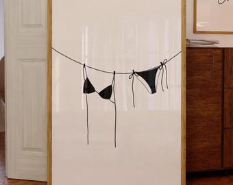 Trendy Black Bikini Wall Print Hand Drawn Art for Coastal Decor Digital Download Poster