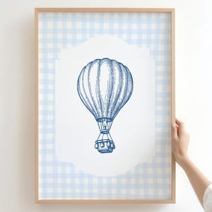 Hot Air Balloon Nursery Print: Blue Gingham Adventure Theme (Digital Download
