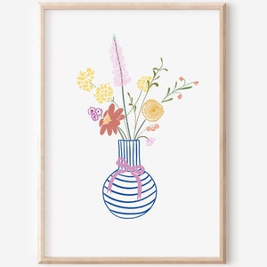 Impresión artística de jarrón de flores, arte de pared abstracto floral, coqueto y femenino, impresión vintage para sala de estar y dormitorio
