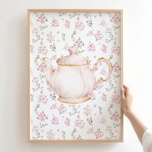 Impressão artística vintage em aquarela para bule de chá, bule de chá com flores rosa, decoração de cozinha com flores rosa, arte para chá cottagecore, casa chique e surrada, download digital