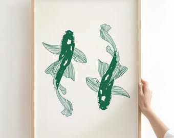 Green Koi Fish Japanese Art Print, Traditional Asian Wall Art, Zen Decor, Fish Illustration, Minimalist Art, Vintage Print, Digital Download