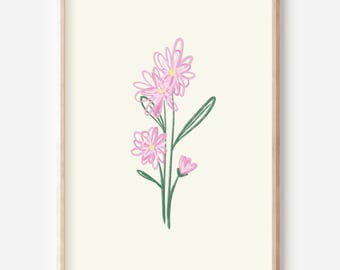 Floral Art Print, Pink flowers Poster, Vintage Botanical Print, Digital Download