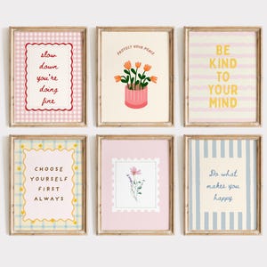 Colorful preppy gallery wall set with motivational quote prints, pastel florals, bows, striped patterns, and playful dopamine decor artwork displayed in gold frames on a neutral wall.
