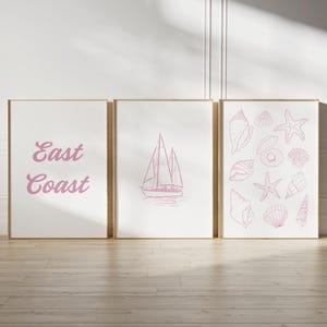 Pink Coastal Wall Art Set, Sailboat Seashell  East Coast Prints, Digital Download