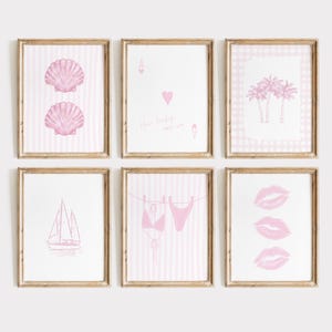 Coastal Gallery Wall Set of 6, Light Pink Preppy Prints, Coastal Grandmother Art, Beach House Decor, Dorm Room Decor, Collage Room Wall Art