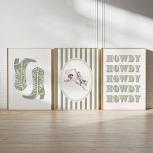 Western Wall Art Set of 3, Sage Green Coastal Cowgirl Decor, Howdy Cowboy Boots Rodeo Prints, Preppy Southern Gallery Wall, Digital Download