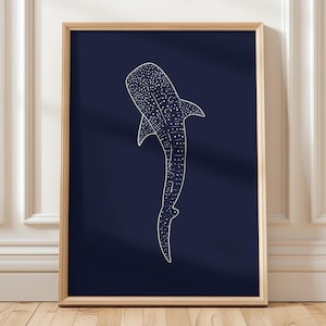 Impresión de tiburón ballena, arte mural de animales marinos, decoración costera, póster de vida marina, ilustración de tiburón ballena azul, descarga digital, regalo para buceadores