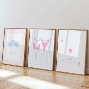 Pink Blue Bikini Print Set of 3, Bikini Girl Art, College Dorm Apartment Decor, Lucky Girl Wall Art, Coastal Cowgirl Art, Digital Download