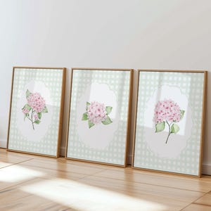 Hortensie Prints 3er Set, Grandmillennial Cottagecore Wandkunst, grünes Vichy Karo Dekor, digitaler Download