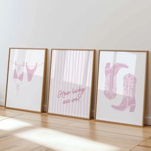 May include: Three framed prints with a light pink theme. One print shows a bikini hanging on a clothesline. Another has vertical stripes and the text "How lucky are we?". The third print features cowboy boots.