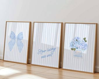 Blue Hydrangea Nursery Prints: Preppy Grandmillennial Wall Art Set, Digital Download