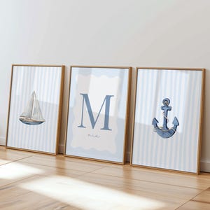 Custom Name Sign Set of 3, Baby Boy Room Decor, Custom Initial Nursery Art Set, Personalized Nursery Prints, Sailboat and Anchor Wall Art