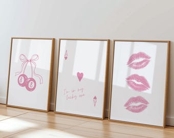 Pink Wall Art Set of 3, Coquette Aesthetic Prints, Cherries Ace of Hearts Lips Decor, Girly Bedroom Digital Download