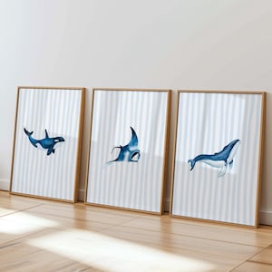 Watercolor Ocean Animal Prints Set of 3, Whale, Orca, Manta Ray, Coastal Boy Room Poster