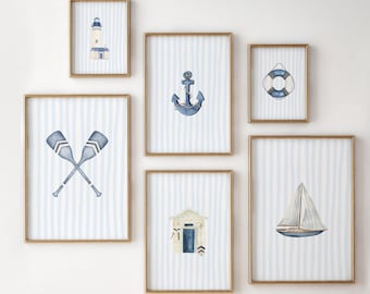 Nautical Gallery Wall Art Set: Blau-Weiße Küstendrucke (Digitaler Download)
