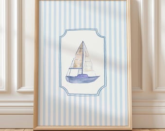 Blue Sailboat Wall Art Print, Nautical Nursery Decor, Coastal Kids Room Art, Blue Striped Wall Art, Digital Download