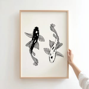 Black White Koi Fish Japanese Art Print, Minimalist Art, Vintage Print, Yin Yang Zen Decor, Modern Asian Wall Art, Digital Download