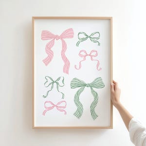Pink Green Bows Print, Preppy Coquette Nursery Wall Art, Digital Download