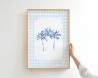 Palmträdstryck, preppy blå gingham kustväggkonst, digital nedladdning