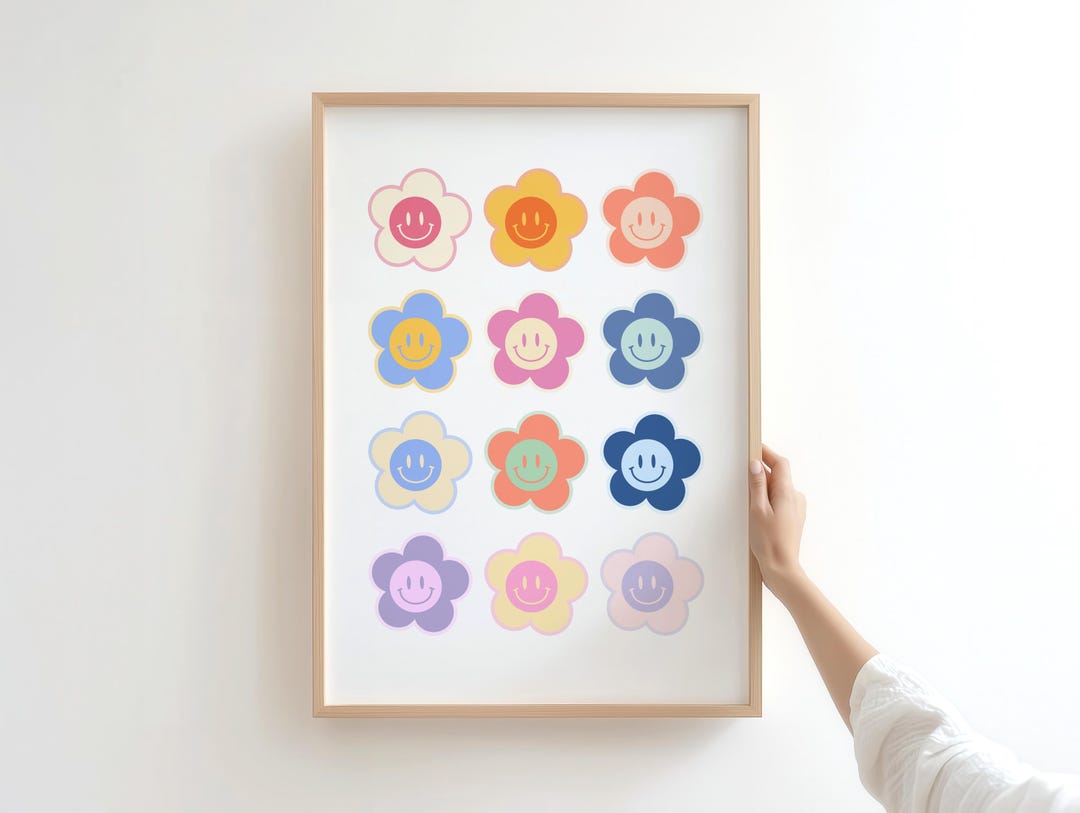 Colorful Smiley Flower Face Art Print, Retro Happy Faces Wall Art ...