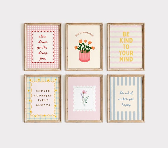 Positive Quote Prints Set of 6, Preppy Motivational Gallery, Colorful Digital Printable Wall Art, Dopamine Decor Posters, Digital Download