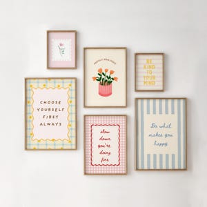 Colorful preppy gallery wall set with motivational quote prints, pastel florals, bows, striped patterns, and playful dopamine decor artwork displayed in gold frames on a neutral wall.