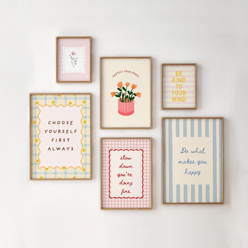 Colorful preppy gallery wall set with motivational quote prints, pastel florals, bows, striped patterns, and playful dopamine decor artwork displayed in gold frames on a neutral wall.