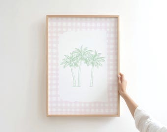 Preppy palmträdstryck: Rosa gingham kustväggkonst (digital nedladdning)