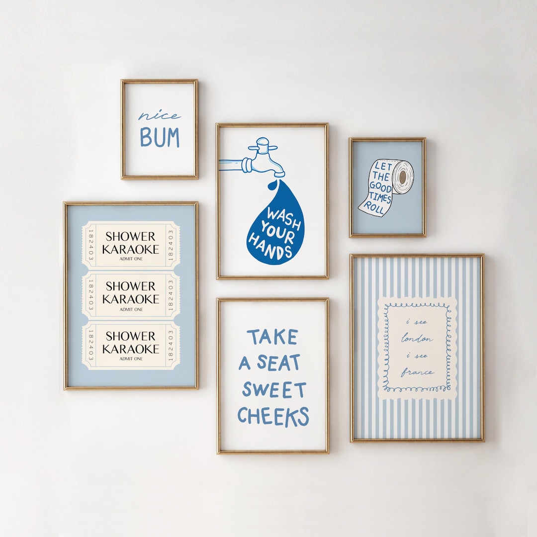 Blue Bathroom Wall Art Set, Funny Bathroom Prints Bundle, Wash Your ...