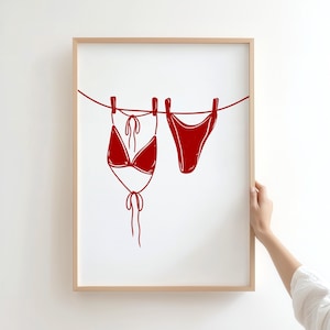 Red Bikini Wall Print, Bikini wall print, Bikini Hanging Poster, Beachy Wall Art, Bikini on Clothesline, Trendy coastal Summer Art