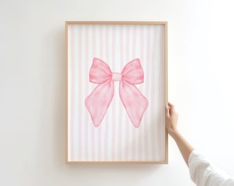 Pink Bow Print, Coquette Wall Art, Preppy Grandmillennial Decor, Girly Dorm Poster, Digital Download