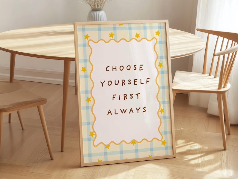 Colorful preppy gallery wall set with motivational quote prints, pastel florals, bows, striped patterns, and playful dopamine decor artwork displayed in gold frames on a neutral wall.