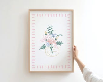 Pastel Floral Art Print, Modern Flower Vase Illustration, Pink Minimalist Wall Decor, Cute Botanical Printable, Digital Download