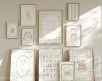 Sage Green Nursery Prints, Set of 10 Gallery Wall Art, Neutral Baby Room Decor, Gingham Digital Download, Modern Kids Wall Art