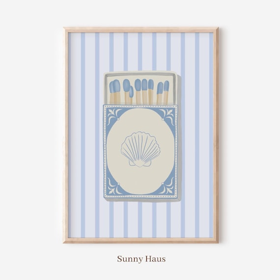 Blue Matchbox Art Print, Coastal Matchbook Wall Art, Seashell Matchbox, Blue Striped Beach Decor, Nautical Printable, Digital Download