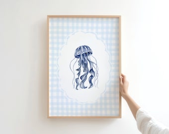 Lámina artística de medusas en acuarela: Decoración infantil costera azul (Descarga digital)