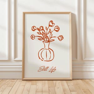 Impresión artística de un jarrón con flores rojas, dibujo lineal de flores rojas, arte floral minimalista para pared, póster botánico moderno, descarga digital