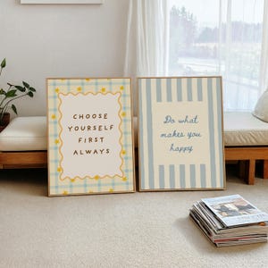 Colorful preppy gallery wall set with motivational quote prints, pastel florals, bows, striped patterns, and playful dopamine decor artwork displayed in gold frames on a neutral wall.