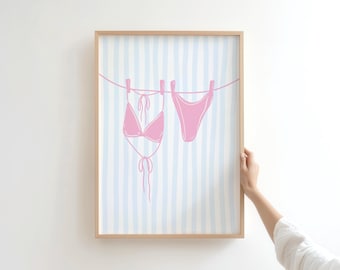 Preppy Wohnheim Dekor, rosa blau Bikini Print, Küsten Cowgirl Kunst, rosa und blaue Wandkunst, digitaler Download