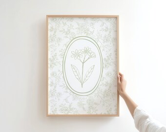 Sage Green Floral Wall Art, Botanical Line Drawing Print, Vintage Flower Illustration, Neutral Home Decor, Digital Download