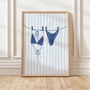 Preppy Dorm Decor, Navy blue bikini wall print, Bikini Hanging Stripe Poster, Beachy Wall Art, Trendy coastal Summer Art