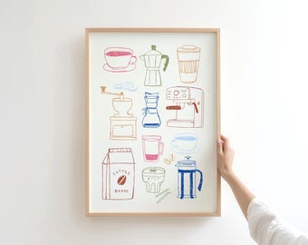 Coffee Art Print, Retro Cafe Lover Gift, Vintage Kitchen Wall Print, Digital Download
