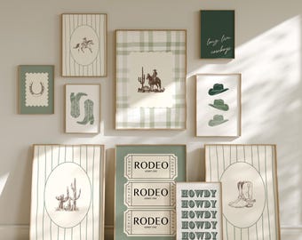 May include: A collection of framed art prints with a Western theme. The prints feature images of cowboys, cowboy boots, cacti, horses, and the text "RODEO" and "Howdy". The color palette includes shades of green, brown, and cream.