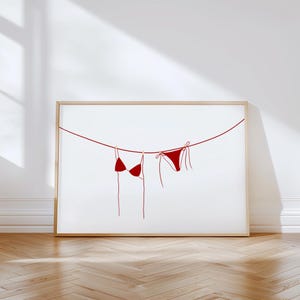 Red Bikini wall print, Hand Drawn bikini hanging poster, Trendy Red Decor, Wall Art Decor, Coastal Art, Horizontal Digital Download