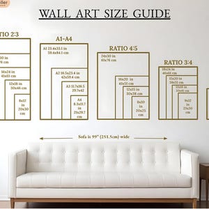 May include: Wall art size guide with different ratios and measurements in inches and centimeters. The guide shows the dimensions of various sizes of wall art, including 2:3, 4:5, and 3:4 ratios. The guide also includes standard paper sizes like A1, A2, A3, and A4. The image includes a sofa for scale.