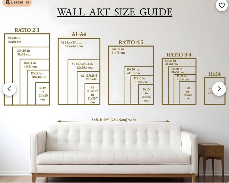 May include: Wall art size guide with different ratios and measurements in inches and centimeters. The guide shows the dimensions of various sizes of wall art, including 2:3, 4:5, and 3:4 ratios. The guide also includes standard paper sizes like A1, A2, A3, and A4. The image includes a sofa for scale.